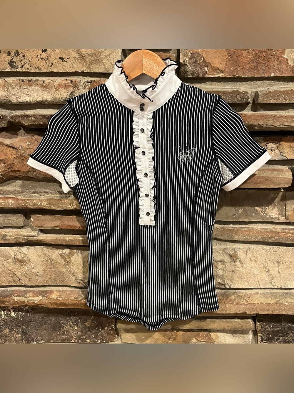 Goode Rider Striped Ruffled Polo Equestrian Show Top in Black & White
